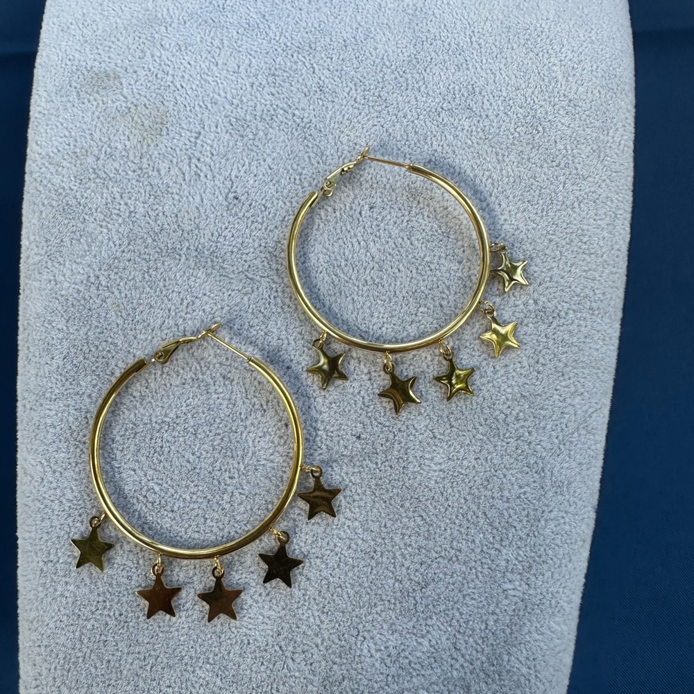 New Stainless Steel Gold Star Hoop Earrings - Picture 2 of 11